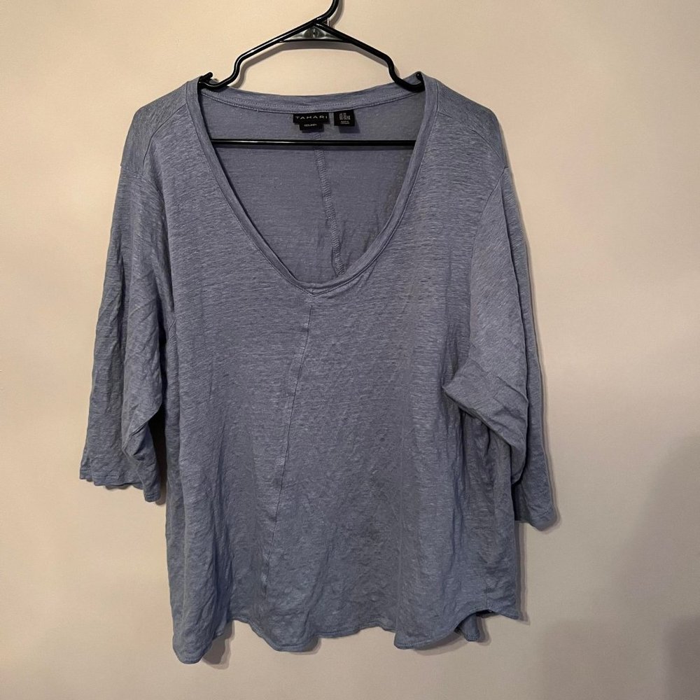 Tahari Blue 100% Linen V-Neck 3/4 Sleeve Hi-Low Hem Tunic Top Size 3X